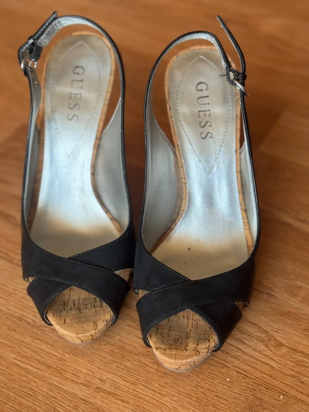 Guess black patent slingbacks with cork heels